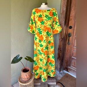 Women's Hawaiian Floral Midi Dress - Orange and Green